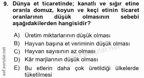 9. soru: Dünya et ticaretinde; kanatlı ve sığır etine oranla domuz, koyun ve keçi etinin ticaret oranlarının düşük olmasının s…