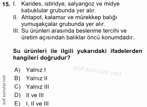 15. soru: I. Karides, istiridye, salyangoz ve midye kabuklular grubunda yer alır. II. Ahtapot, kalamar ve mürekkep balığı yumuş…