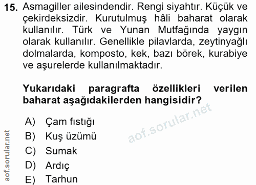 15. soru: Asmagiller ailesindendir. Rengi siyahtır. Küçük ve çekirdeksizdir. Kurutulmuş hâli baharat olarak kullanılır. Türk ve…