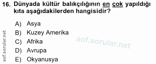 16. soru: Dünyada kültür balıkçılığının en çok yapıldığı kıta aşağıdakilerden hangisidir? A) Asya B) Kuzey Amerika C) Afrika D)…
