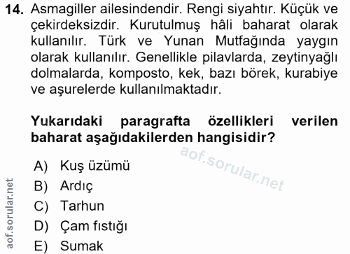 14. soru: Asmagiller ailesindendir. Rengi siyahtır. Küçük ve çekirdeksizdir. Kurutulmuş hâli baharat olarak kullanılır. Türk ve…