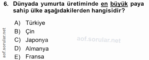 6. soru: Dünyada yumurta üretiminde en büyük paya sahip ülke aşağıdakilerden hangisidir? A) Türkiye B) Çin C) Japonya D) Alman…