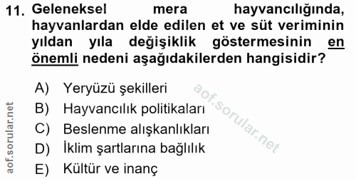 11. soru: Geleneksel mera hayvancılığında, hayvanlardan elde edilen et ve süt veriminin yıldan yıla değişiklik göstermesinin en…