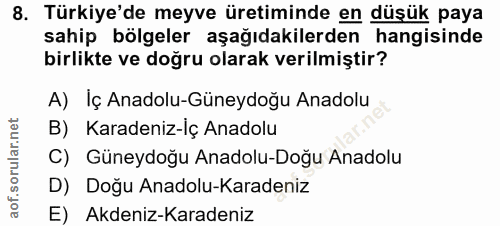 8. soru: Türkiye'de meyve üretiminde en düşük paya sahip bölgeler aşağıdakilerden hangisinde birlikte ve doğru olarak verilmiş…