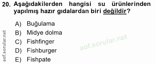 20. soru: Aşağıdakilerden hangisi su ürünlerinden yapılmış hazır gıdalardan biri değildir? A) Buğulama B) Midye dolma C) Fishfi…