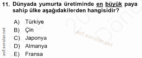11. soru: Dünyada yumurta üretiminde en büyük paya sahip ülke aşağıdakilerden hangisidir? A) Türkiye B) Çin Japonya D) Almanya…