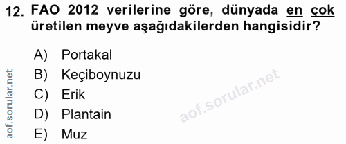 12. soru: FAO 2012 verilerine göre, dünyada en çok üretilen meyve aşağıdakilerden hangisidir? A) Portakal B) Keçiboynuzu C) Eri…