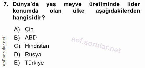 7. soru: Dünya'da yaş meyve üretiminde lider konumda olan ülke aşağıdakilerden hangisidir? A) Çin B) ABD C) Hindistan D) Rusya…