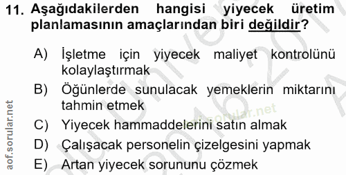11. soru: Aşağıdakilerden hangisi yiyecek üretim planlamasının amaçlarından biri değildir? A) Işletme için yiyecek maliyet kont…