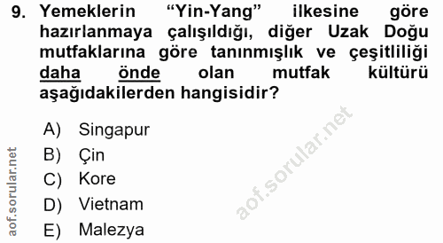 9. soru: Yemeklerin "Yin-Yang" ilkesine göre hazırlanmaya çalışıldığı, diğer Uzak Doğu mutfaklarına göre tanınmışlık ve çeşitl…