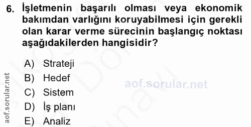 6. soru: İşletmenin başarılı olması veya ekonomik bakımdan varlığını koruyabilmesi için gerekli olan karar verme sürecinin baş…