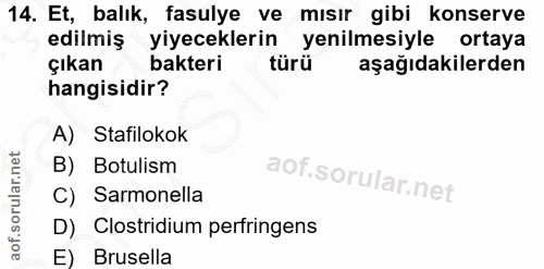 14. soru: Et, balık, fasulye ve mısır gibi konserve edilmiş yiyeceklerin yenilmesiyle ortaya çıkan bakteri türü aşağıdakilerden…