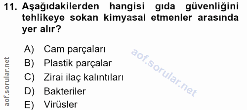 11. soru: Aşağıdakilerden hangisi gıda güvenliğini tehlikeye sokan kimyasal etmenler arasında yer alır? A) Cam parçaları B) Pla…