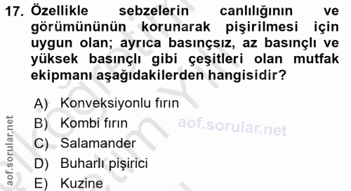 17. soru: Özellikle sebzelerin canlılığının ve görümününün korunarak pişirilmesi için uygun olan; ayrıca basınçsız, az basınçlı…