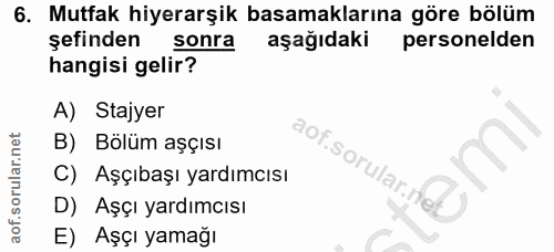 6. soru: Mutfak hiyerarşik basamaklarına göre bölüm şefinden sonra aşağıdaki personelden hangisi gelir? A) Stajyer B) Bölüm aş…