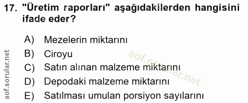 17. soru: "Üretim raporları" aşağıdakilerden hangisini ifade eder? A) Mezelerin miktarını B) Ciroyu C) Satın alınan malzeme mik…