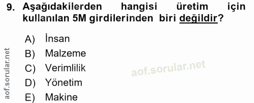 9. soru: Aşağıdakilerden hangisi üretim için kullanılan 5M girdilerinden biri değildir? A) Insan B) Malzeme C) Verimlilik D) Y…