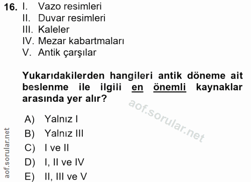 16. soru: 1. Vazo resimleri II. Duvar resimleri III. Kaleler IV. Mezar kabartmaları V. Antik çarşılar Yukarıdakilerden hangiler…