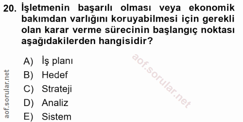 20. soru: İşletmenin başarılı olması veya ekonomik bakımdan varlığını koruyabilmesi için gerekli olan karar verme sürecinin baş…