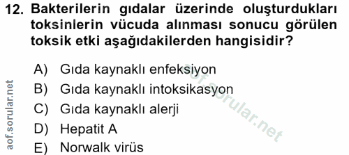 12. soru: Bakterilerin gıdalar üzerinde oluşturdukları toksinlerin vücuda alınması sonucu görülen toksik etki aşağıdakilerden h…