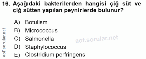16. soru: Aşağıdaki bakterilerden hangisi çiğ süt ve çiğ sütten yapılan peynirlerde bulunur? A) Botulism B) Micrococcus C) Salm…