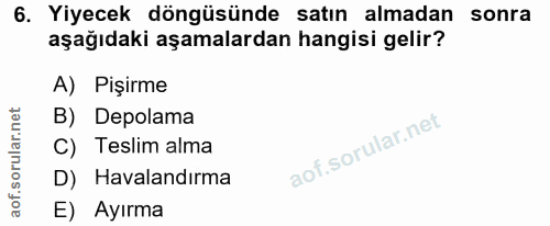 6. soru: Yiyecek döngüsünde satın almadan sonra aşağıdaki aşamalardan hangisi gelir? A) Pişirme B) Depolama C) Teslim alma D)…
