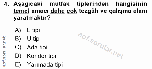 4. soru: Aşağıdaki mutfak tiplerinden hangisinin temel amacı daha çok tezgâh ve çalışma alanı yaratmaktır? A) L tipi B) U tipi…