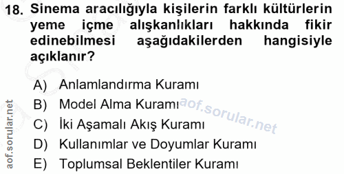 18. soru: Sinema aracılığıyla kişilerin farklı kültürlerin yeme içme alışkanlıkları hakkında fikir edinebilmesi aşağıdakilerden…