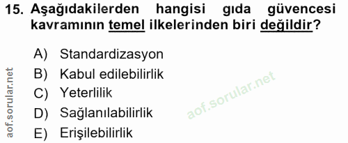 15. soru: Aşağıdakilerden hangisi gıda güvencesi kavramının temel ilkelerinden biri değildir? A) Standardizasyon B) Kabul edile…