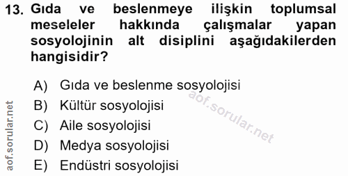 13. soru: Gıda ve beslenmeye ilişkin toplumsal meseleler hakkında çalışmalar yapan sosyolojinin alt disiplini aşağıdakilerden h…