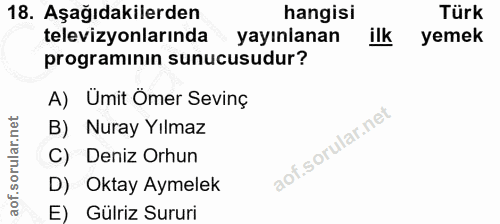 18. soru: Aşağıdakilerden hangisi Türk televizyonlarında yayınlanan ilk yemek programinin sunucusudur? A) Ümit Ömer Sevinç B) N…