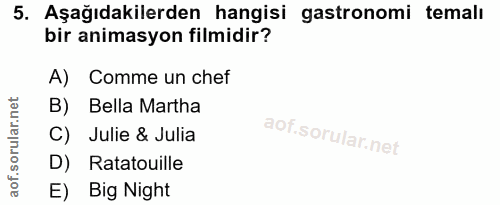 5. soru: Aşağıdakilerden hangisi gastronomi temalı bir animasyon filmidir? A) Comme un chef B) Bella Martha C) Julie & Julia D…