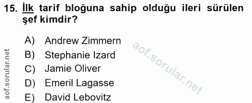 15. soru: İlk tarif bloğuna sahip olduğu ileri sürülen şef kimdir? A) Andrew Zimmern B) Stephanie Izard C) Jamie Oliver D) Emer…