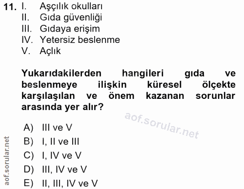 11. soru: l. Aşçılık okulları II. Gıda güvenliği III. Gıdaya erışim IV. Yetersiz beslenme V. Açlık Yukarıdakilerden hangileri g…