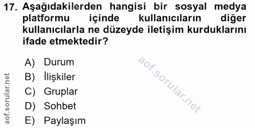 17. soru: Aşağıdakilerden hangisi bir sosyal medya platformu içinde kullanıcıların diğer kullanıcılarla ne düzeyde iletişim kur…
