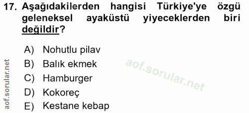 17. soru: Aşağıdakilerden hangisi Türkiye'ye özgü geleneksel ayaküstü yiyeceklerden biri değildir? A) Nohutlu pilav B) Balık ek…