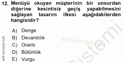 12. soru: Menüyü okuyan müşterinin bir unsurdan diğerine kesintisiz geçiş yapabilmesini sağlayan tasarım ilkesi aşağıdakilerden…