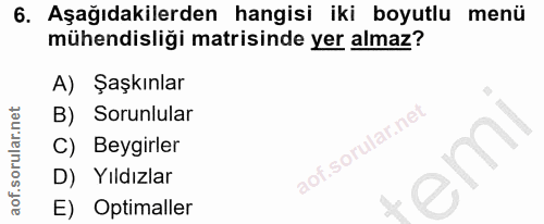 6. soru: Aşağıdakilerden hangisi iki boyutlu menü mühendisliği matrisinde yer almaz? A) Şaşkınlar B) Sorunlular C) Beygirler D…