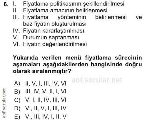 6. soru: 1. Fiyatlama politikasının şekillendirilmesi Il. Fiyatlama amacının belirlenmesi III. Fiyatlama yönteminin belirlenme…