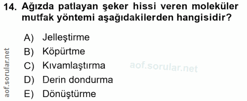 14. soru: Ağızda patlayan şeker hissi veren moleküler mutfak yöntemi aşağıdakilerden hangisidir? A) Jelleștirme B) Köpürtme C)…