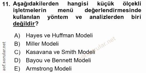 11. soru: Aşağıdakilerden hangisi küçük ölçekli işletmelerin menü değerlendirmesinde kullanılan yöntem ve analizlerden biri değ…