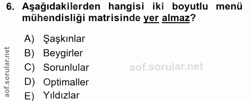 6. soru: Aşağıdakilerden hangisi iki boyutlu menü mühendisliği matrisinde yer almaz? A) Şaşkınlar B) Beygirler C) Sorunlular D…