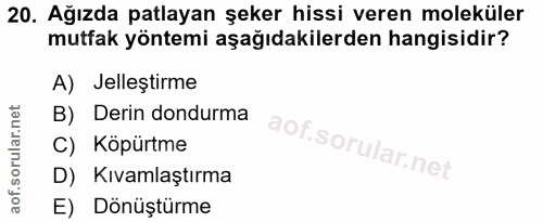 20. soru: Ağızda patlayan şeker hissi veren moleküler mutfak yöntemi aşağıdakilerden hangisidir? A) Jelleştirme B) Derin dondur…