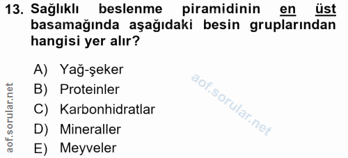 13. soru: Sağlıklı beslenme piramidinin en üst basamağında aşağıdaki besin gruplarından hangisi yer alır? A) Yağ-şeker B) Prote…