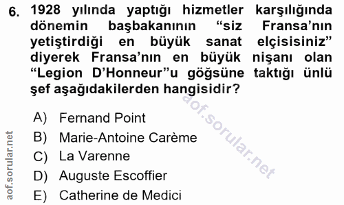 6. soru: 1928 yılında yaptığı hizmetler karşılığında dönemin başbakanının "siz Fransa'nın yetiştirdiği en büyük sanat elçisisi…