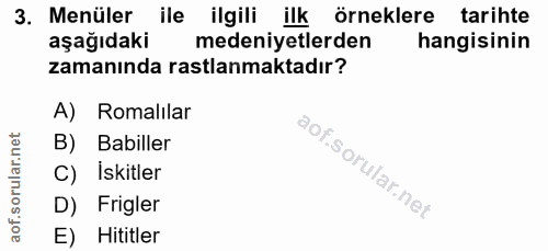 3. soru: Menüler ile ilgili ilk örneklere tarihte aşağıdaki medeniyetlerden hangisinin zamanında rastlanmaktadır? A)Romalilar…