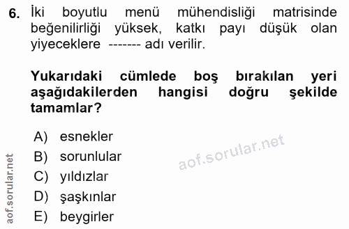 6. soru: Iki boyutlu menü mühendisliği matisinde beğenilirliği yüksek, katkı payı düşük olan yiyeceklere ---- adı verilir. Yuk…