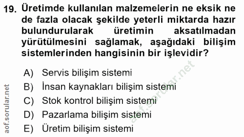19. soru: Üretimde kullanılan malzemelerin ne eksik ne de fazla olacak şekilde yeterli miktarda hazır bulundurularak üretimin a…