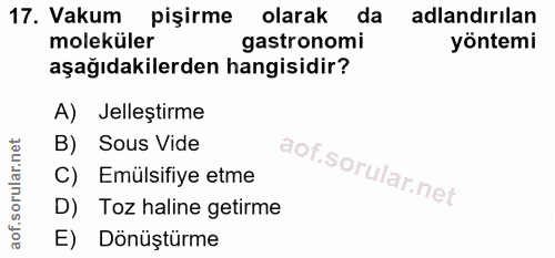 17. soru: Vakum pişirme olarak da adlandirilan moleküler astronomi yöntemi aşağıdakilerden hangisidir? A) Jelleştirme B) Sous V…