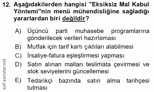 12. soru: Aşağıdakilerden hangisi "Eksiksiz Mal Kabul Yöntemi"nin menü mühendisliğine sağladığı yararlardan biri değildir? A) Ü…